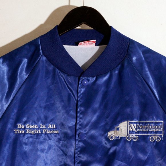 Vintage 80s Trucker Satin Bomber Style Jacket Snap Cardinal USA Reflective Blue - Picture 4 of 10